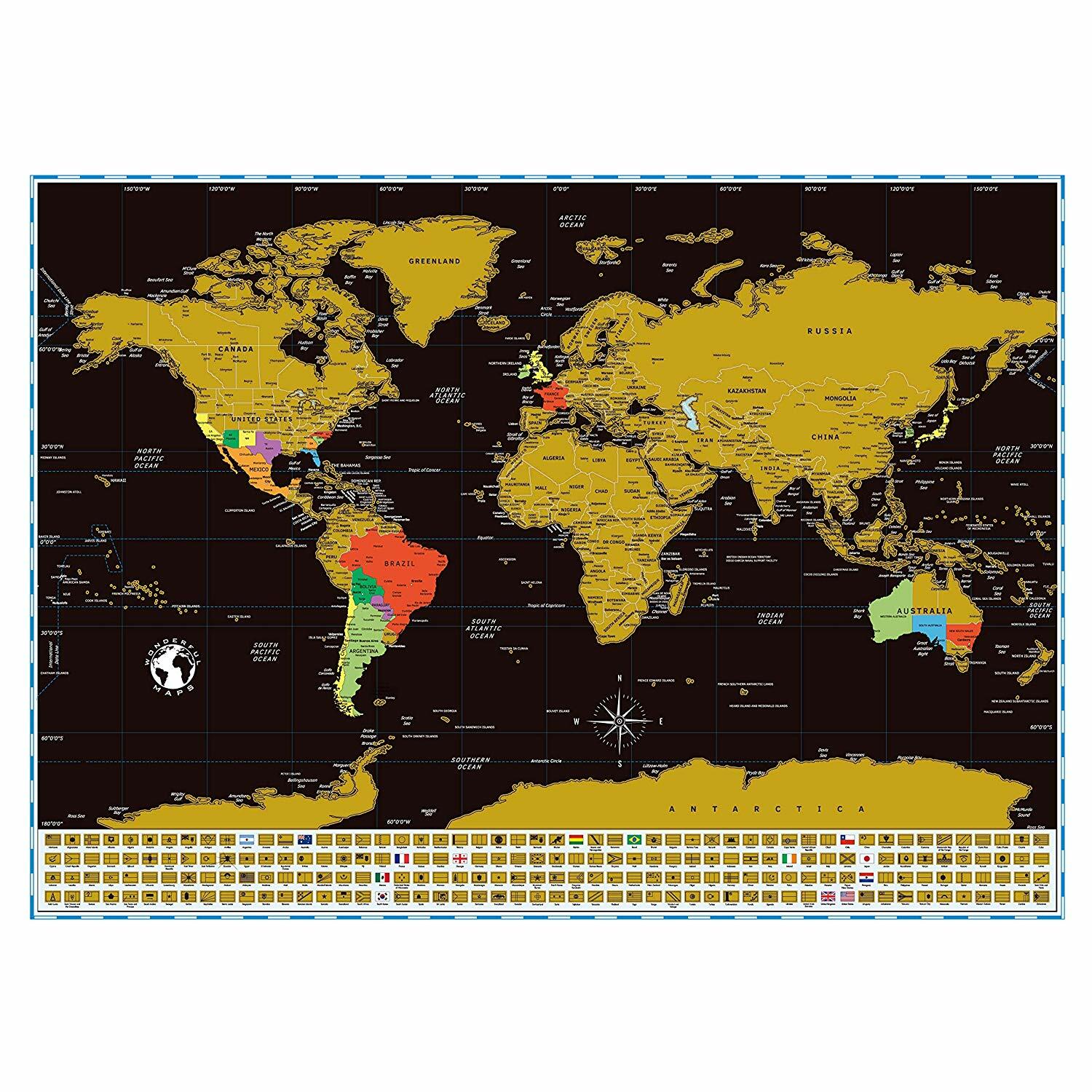Scratch Off Map of The World Wall Poster w/ Countries Flags & Capitals 24” x 17”