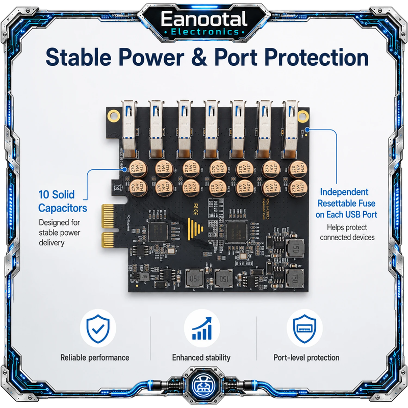 PCIe x1 7 Port USB 3.0 Card, High Speed USB-A Expansion Adapter No External Powe