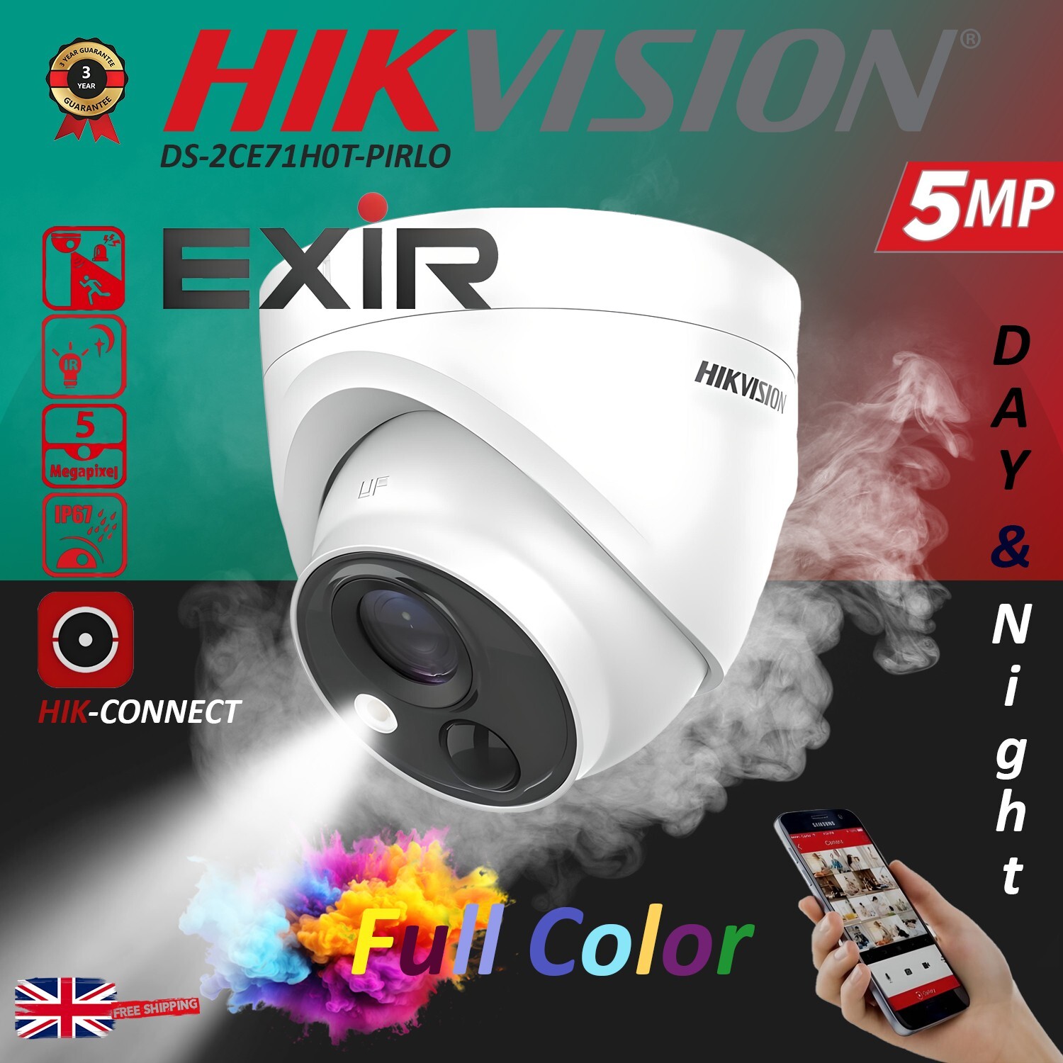 Hikvision DS-2CE71H0T-PIRLO 5MP 3K Outdoor EXIR 24/7 Color Turret CCTV Camera UK