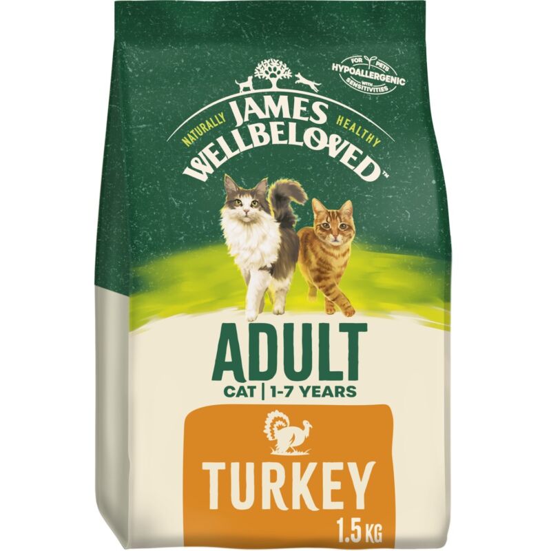 1.5kg James Wellbeloved Natural Adult Complete Dry Cat Food Turkey Cat Biscuits