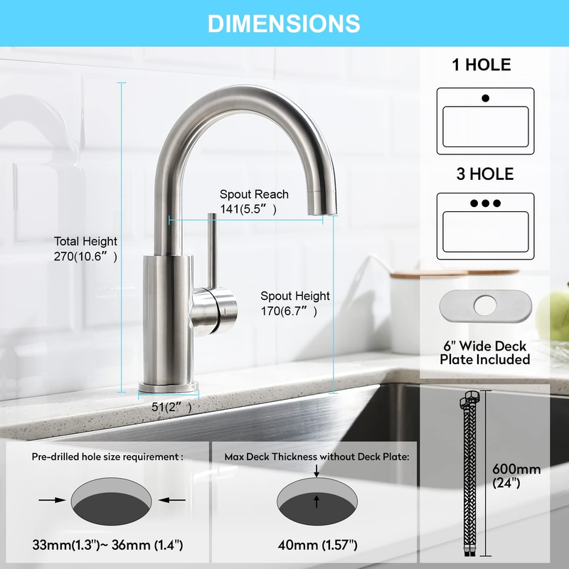 Stainless Steel Sink Faucet Single Hole for Kitchen Deck Mounted Small RV Camper