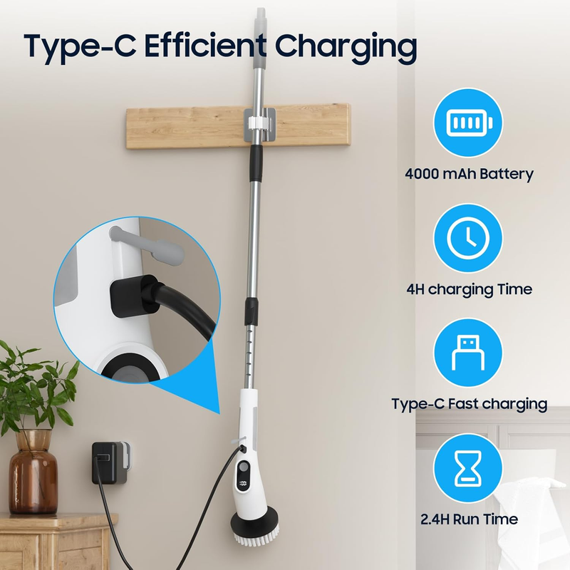 Electric Spin Scrubber with 4000mAh Battery, 380-500 RPM, 8 Replaceable Brush He