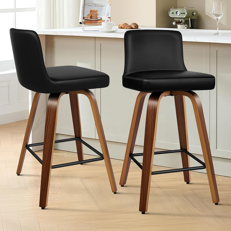 Bar Stools Set of 2, Adjustable Swivel Bar Stools, Luxury Upholstered Bar Chairs, Counter Height with Wooden Legs for Kitchen Islands, Black & Brown