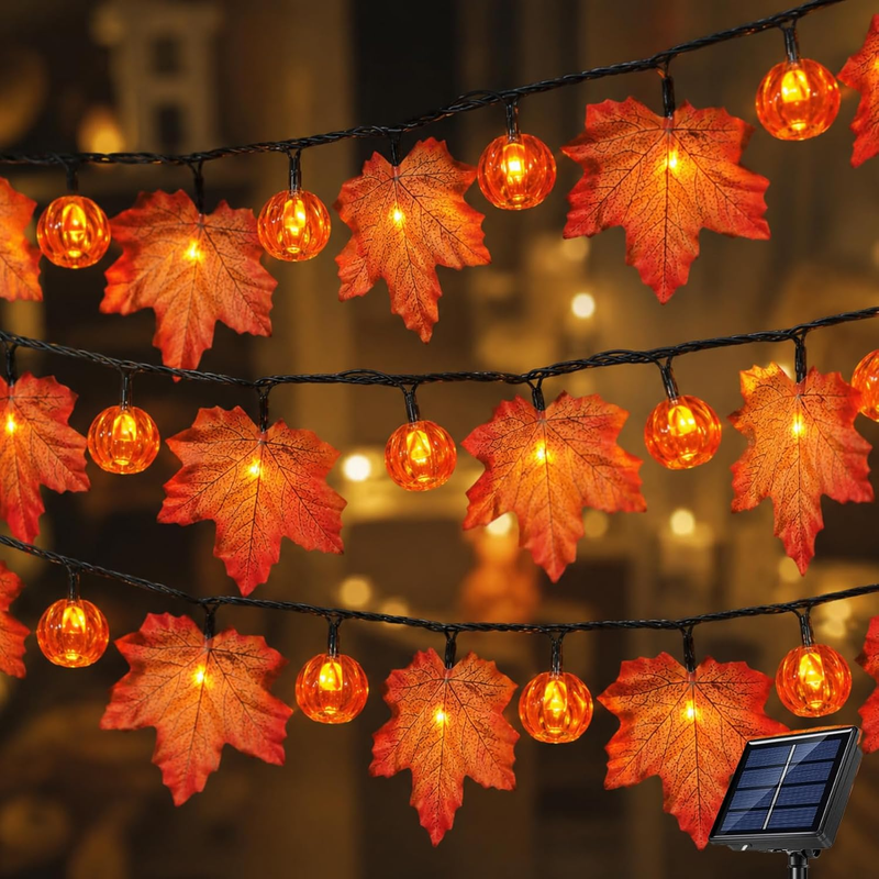 Herbstdeko Kürbis Herbstblätter Solar Lichterkette Outdoor, 7M 50 LED Herbst Lic
