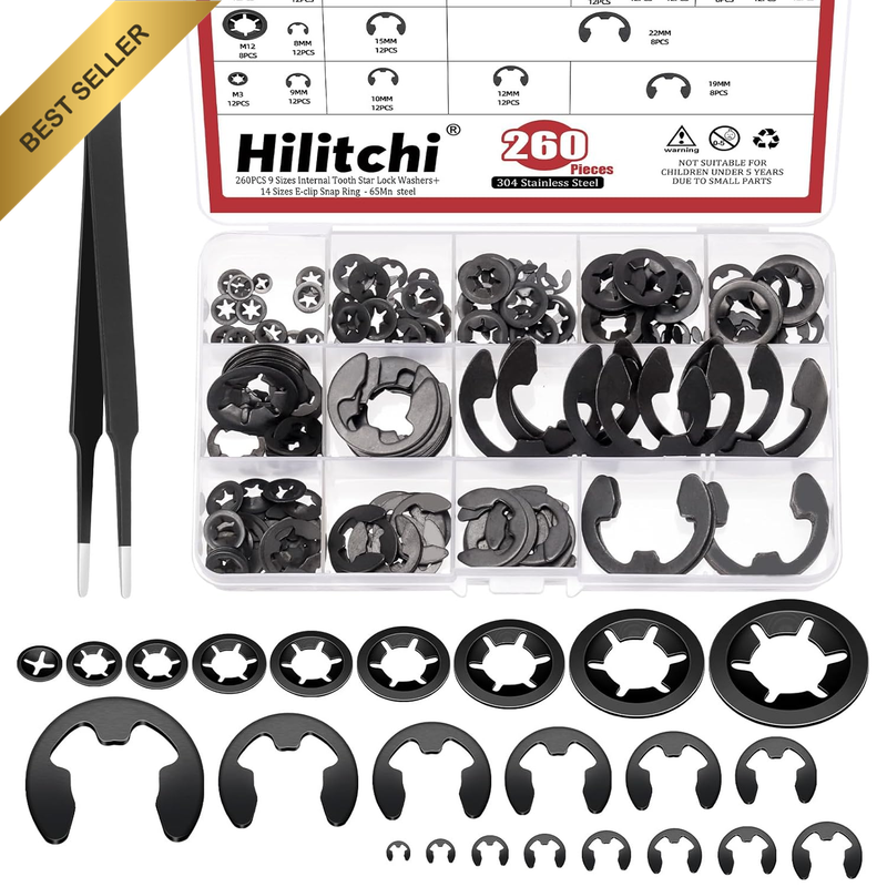 261Pc Black Steel Lock Washer and E-Clip Assortment Kit with Tweezer