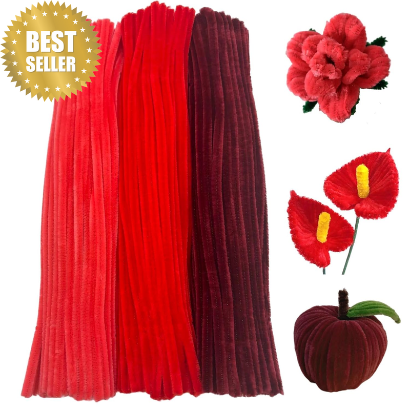 300 Pieces Shades of Red Pipe Cleaner Craft Set 3 Assorted Colors,Thick Fuzzy Ch