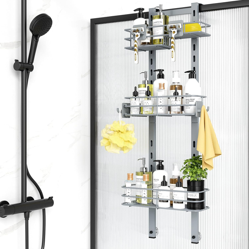Adjustable over the Door Bath Caddy with 4 Hooks, Black Bathroom Shower Caddy Ha