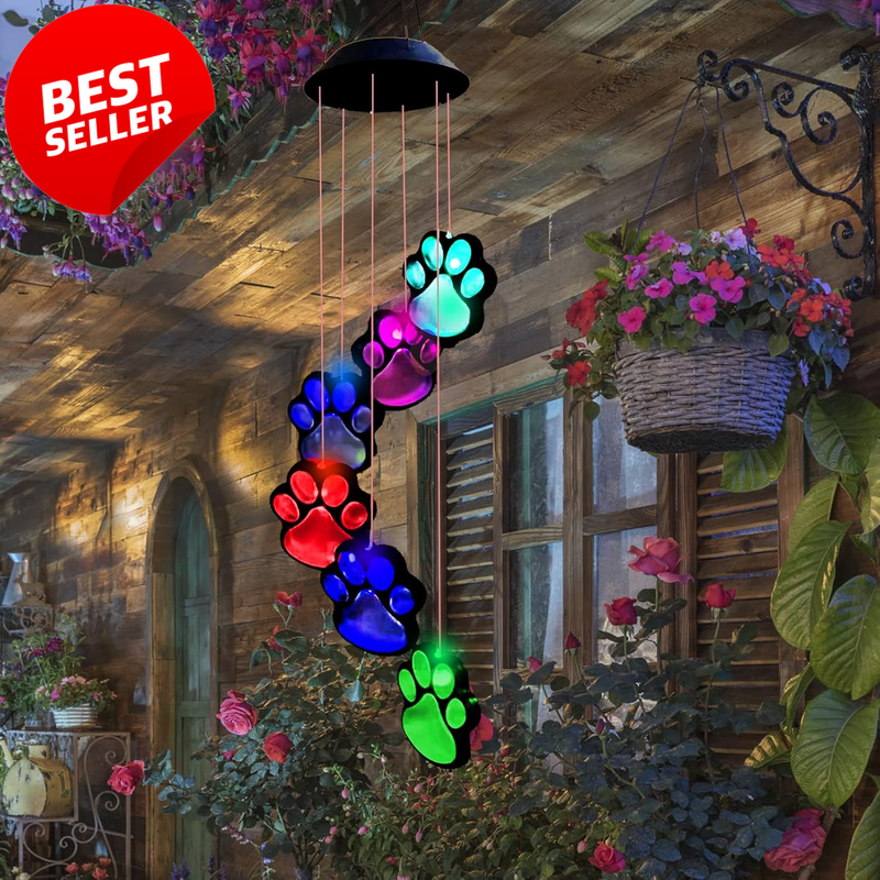 Paw Print Solar Wind Chimes Pet Memorial Color Changing Outdoor Decor - US