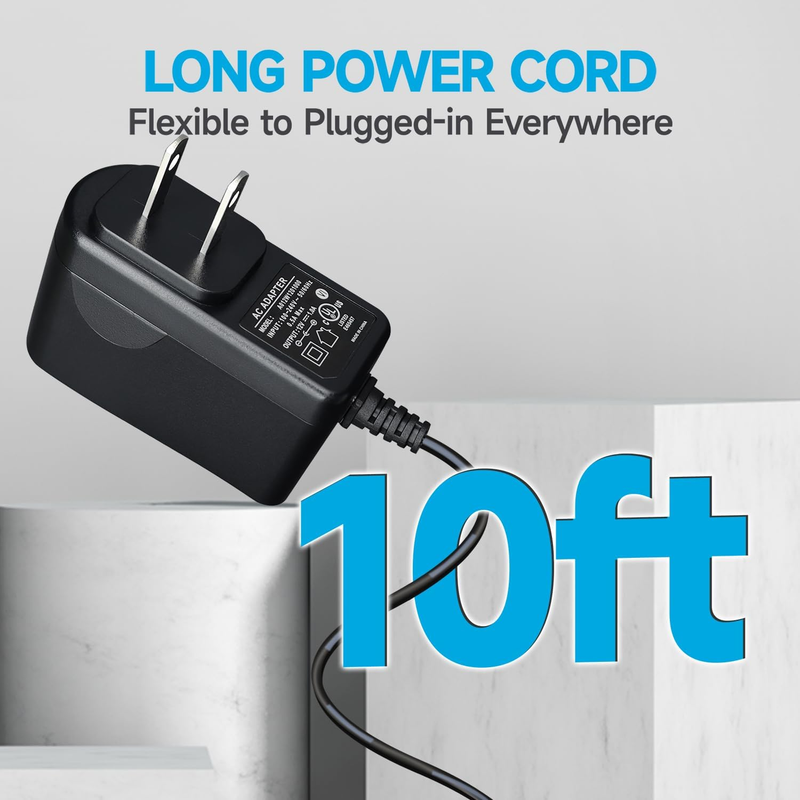 12V 1A/1000mA 10ft Long Power Supply Adapter, 12W Adaptor AC to DC Adapter Cord