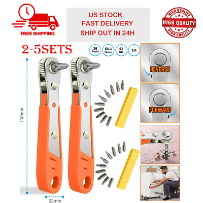 2-5PC Reversible Ratchet Offset Wrench Right Angle Magnetic +10 Screwdriver Bits