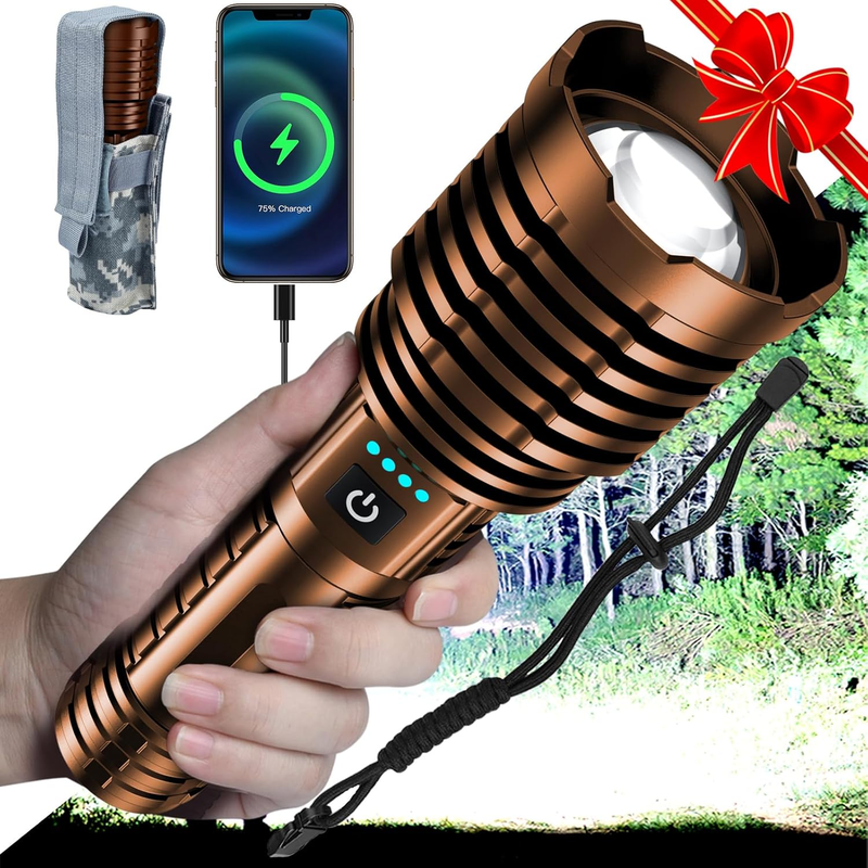Super Bright Flashlights 1800000 High Lumens, High Powered Flash Light, Rechargeable Flashlights with Zoomable 5 Modes, Handheld Waterproof LED Flashlights for Emergencies Camping (Coffee)