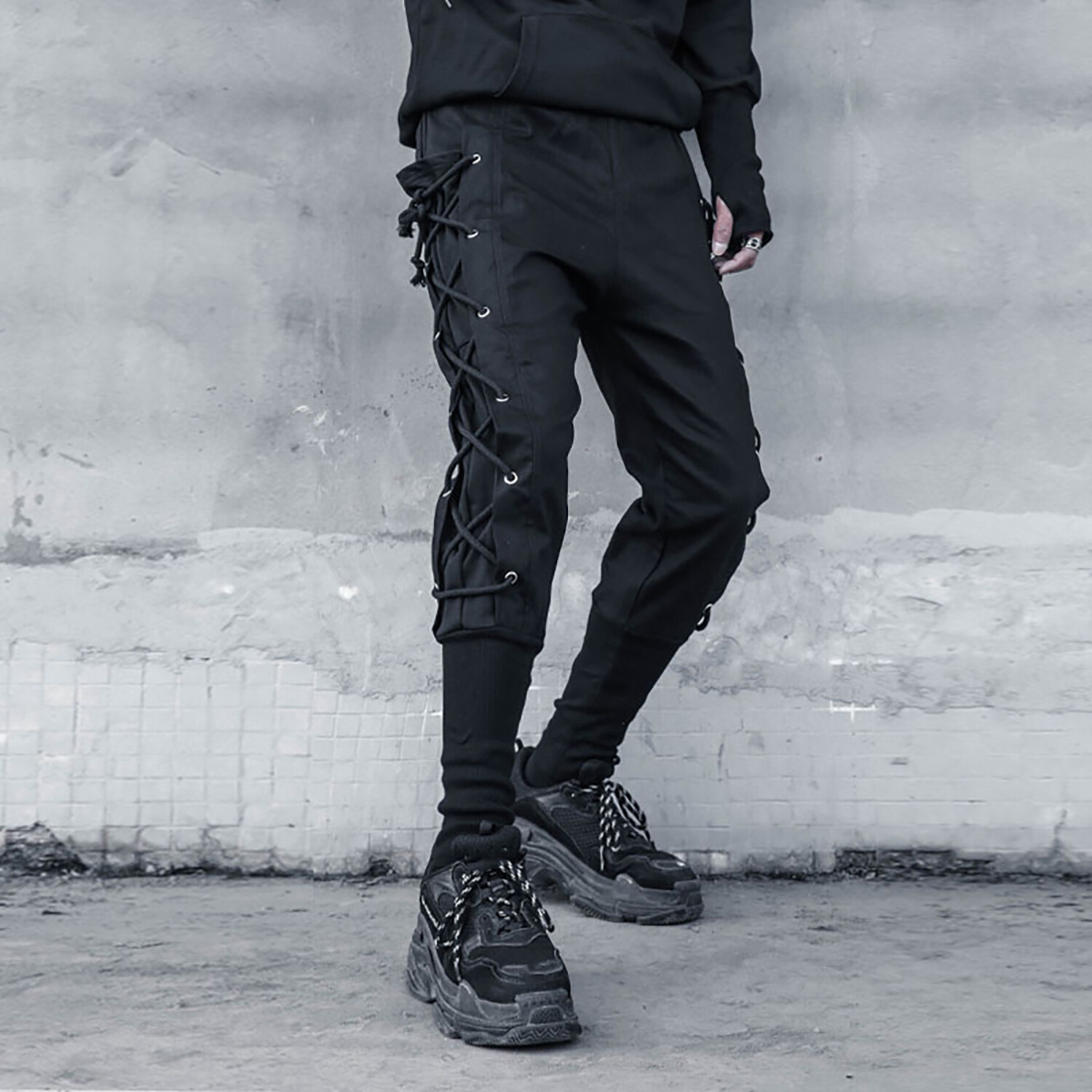 Mens Black Gothic Cross Design Cargo Jogger Streetwear