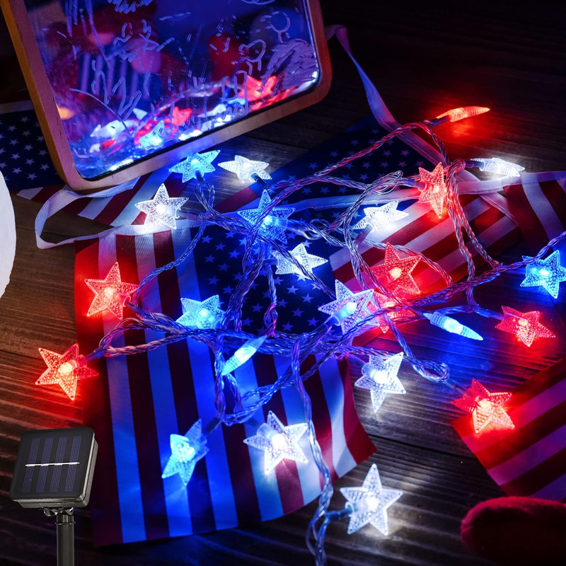 ZHOUDUIDUI Red White Blue Solar Lights, 4Th of July Decor Star String Lights 100