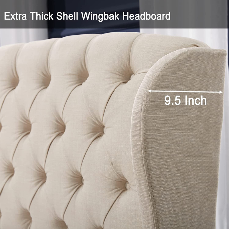 King Size Platform Bed Frame, Linen Curved Upholstered Bed with Shell Wingback H