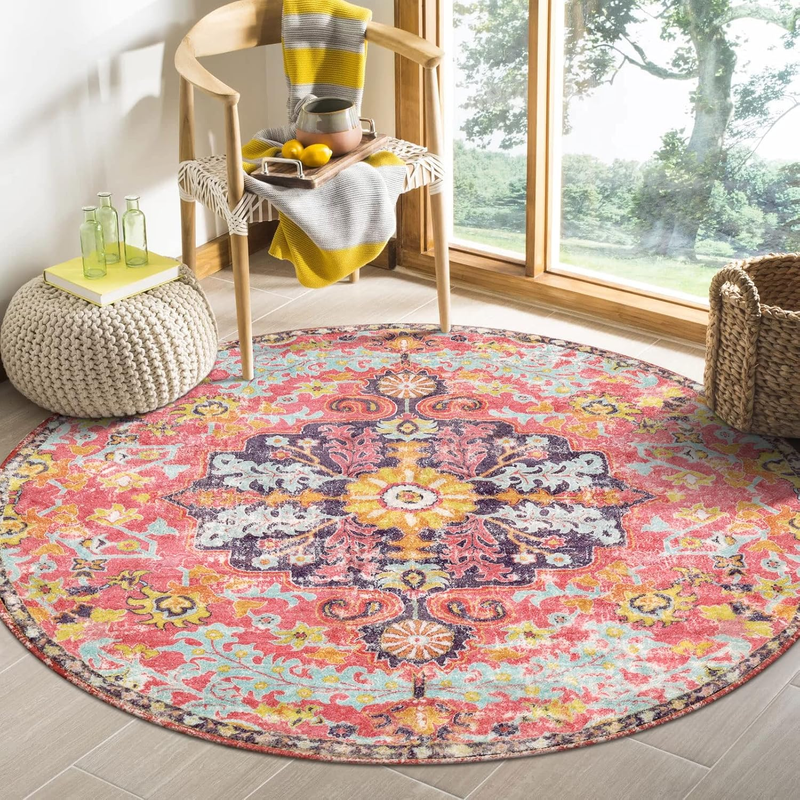 Bohemian Floral Medallion Round Rug 4Ft Hot Pink Soft Area Rug
