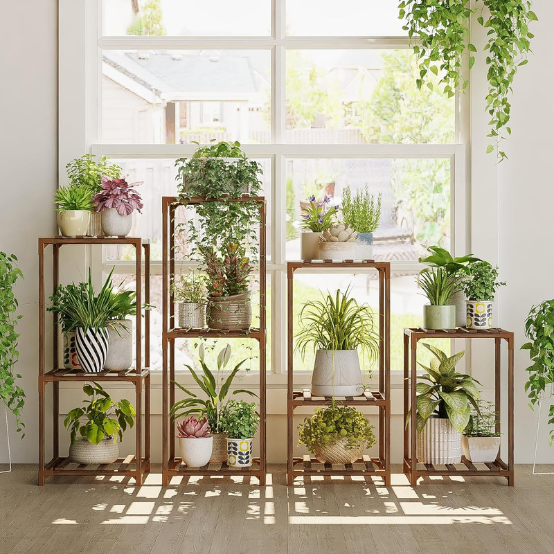 Plant Stands Indoor 4 Sets Plant Shelves Outdoor Wooden Plant