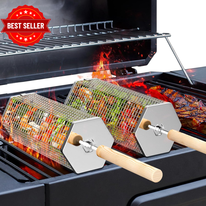 Rolling Grill Baskets, Removable Wooden Handle, 304 Stainless Steel, Nesting Gri