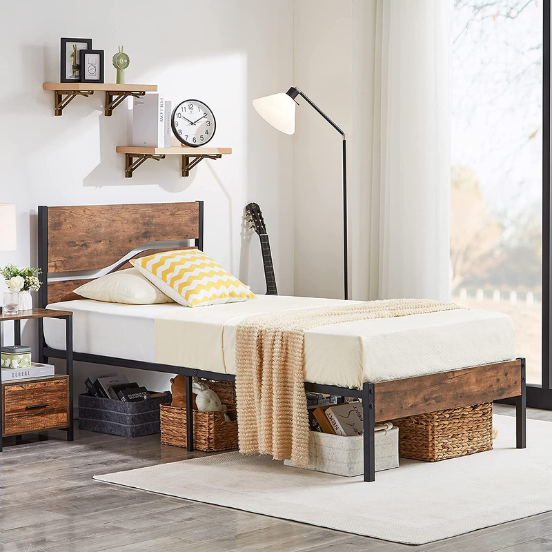 Platform Bed Frame Twin Size with Rustic Vintage Wood Headboard, Strong Metal Sl