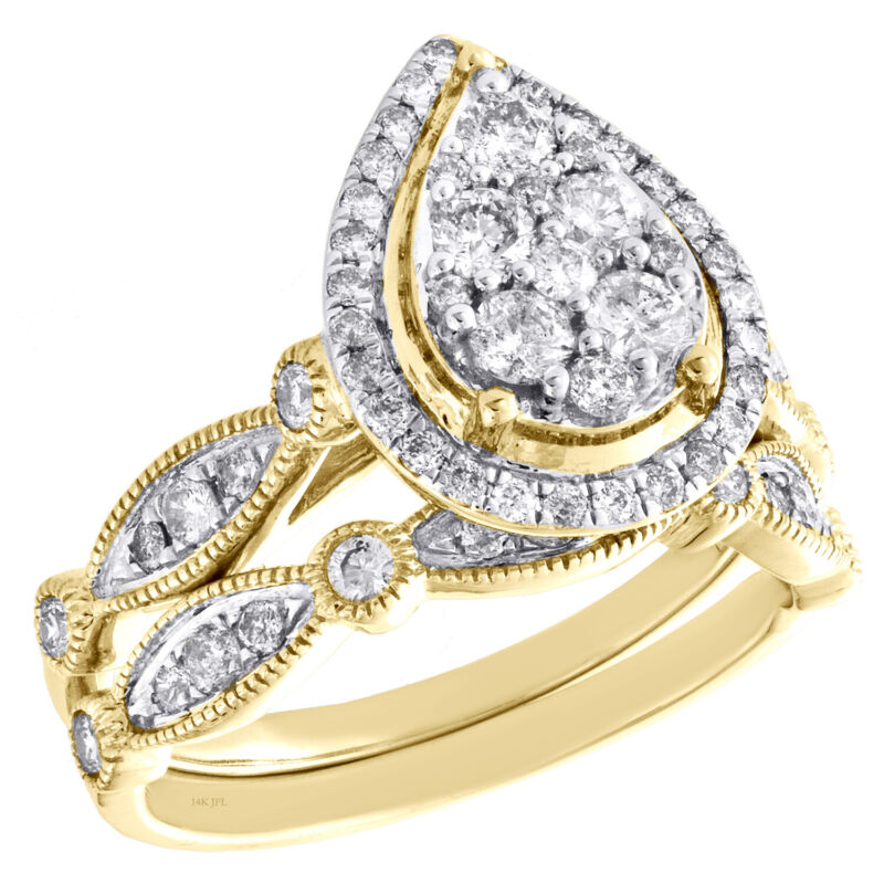 14k Yellow Gold Diamond Halo Teardrop Engagement + Wedding Ring Bridal Set 1 Ct.