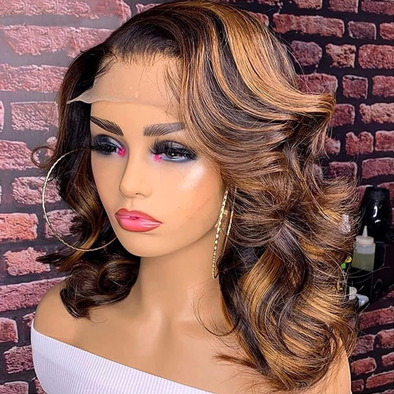 Hair Highlight Ombre Honey Blonde Lace Front Wig Human Hair 4/27 Body Wave Wigs