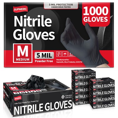 Disposable Nitrile Exam Gloves, 5 Mil Black, Powder-Free Heavy Duty Clean Glove