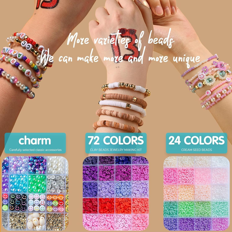 6-Box Friendship Bracelet Making Kit - 16,000pcs Clay Beads, Seed Beads & Glass