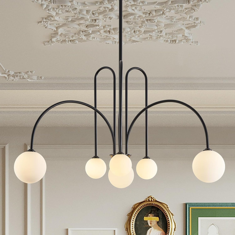 Modern Black Chandelier 6 Lights Sputnik Chandelier for Dining Room Large L40” Mid Century Ceiling Pendant Light Fixtures with Withe Glass Globe Shades for Foyer Bedroom