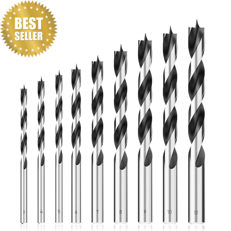 9Pcs Brad Point Wood Drill Bit Set, 3-12Mm High Carbon Steel Twist Brad Point Dr