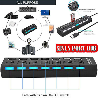 Powerful 7 Port USB Hub Hi Speed Data Transfer 2.0 Splitter For Various Devices