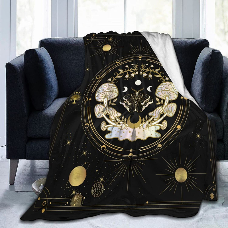 Mushroom Hippie Decor Fleece Blanket Fuzzy Soft Plush Moth Witchy Gifts Sun Moon