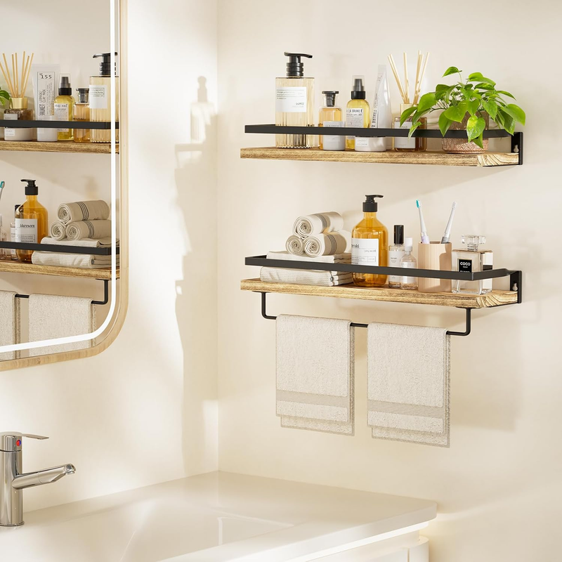 Rustic Floating Shelves Wall Mounted, Solid Metal with Removable Towel Holder, W