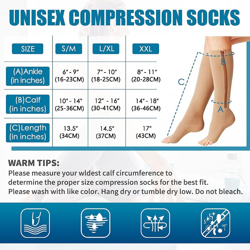 Copper Zipper Compression Socks Support Graduated Stockings Men Women 20 30mmHg