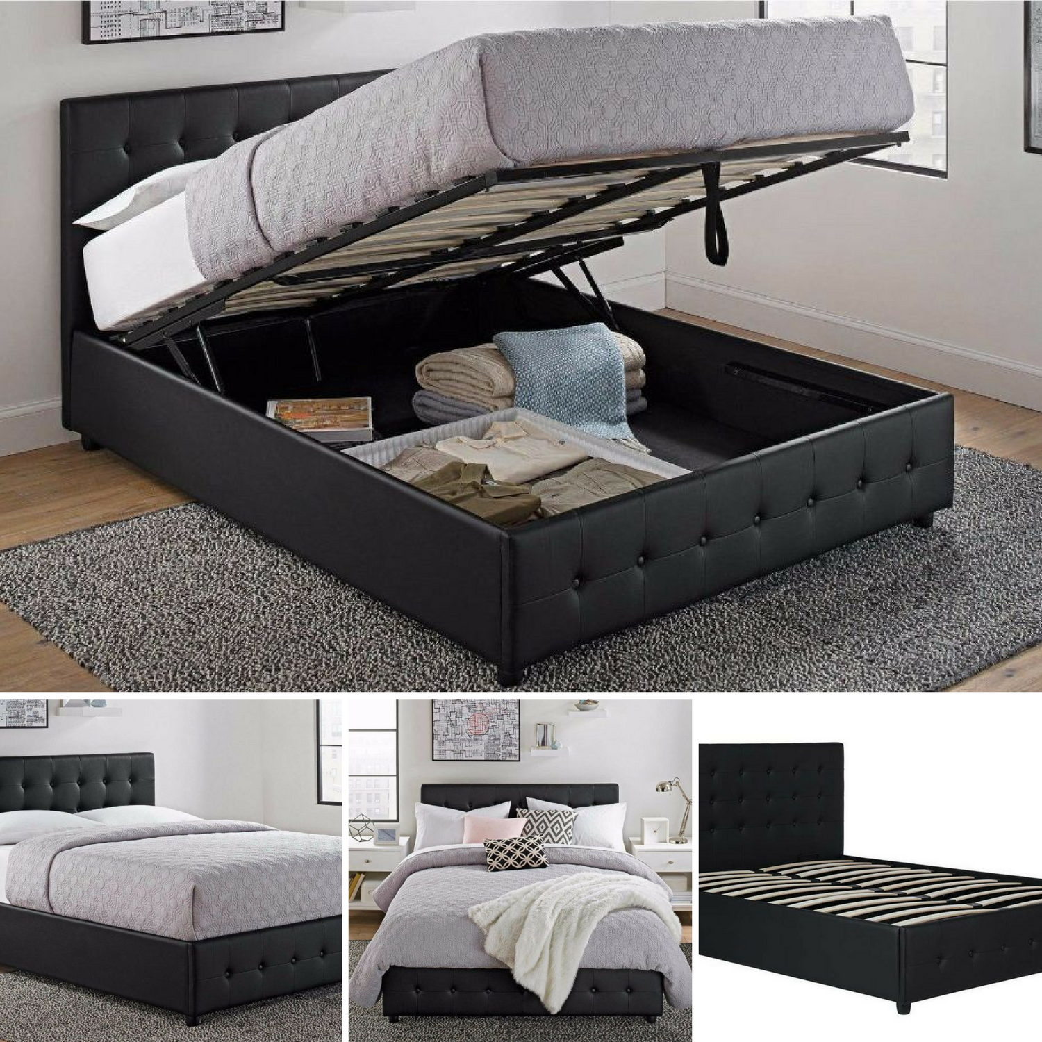 Queen Size Bed Frame With Shoe Storage Tufted Headboard Leather Black Platform