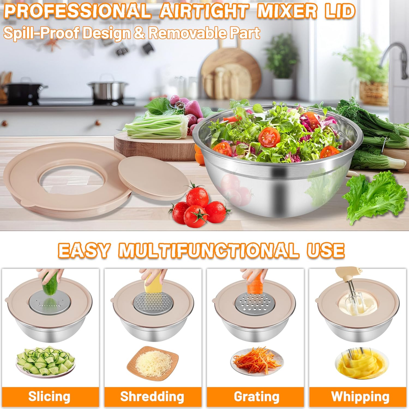 Mixing Bowls with Airtight Lids for Kitchen, 7 Piece Stainless Steel Metal Nesti