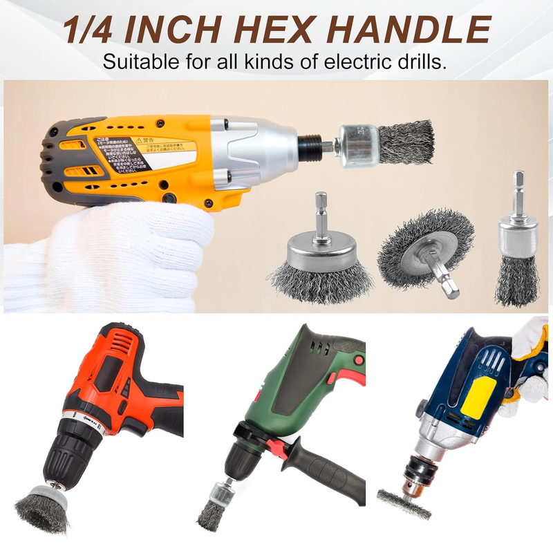 6 Pack Carbon Steel Drill Wire Brush, 1/4-Inch Hex Shank, Cup/ Wheel/ Pen Brush