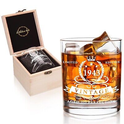 81st Birthday Gift for Men, Year 1943 Whiskey Glass in Valued Wooden Box