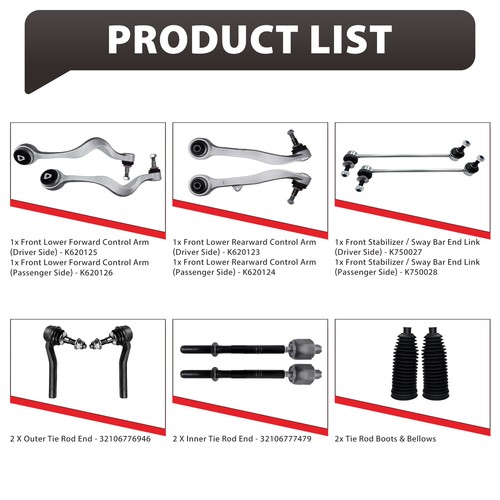 12PCS BMW E60 525i 530i 535i 550i CONTROL ARM BALL JOINT TIE ROD SUSPENSION KIT