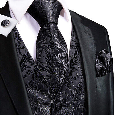 Mens Black Dress Vest Casual Tuxedo Suit Silk Waistcoat Neck Tie Set Wedding SET