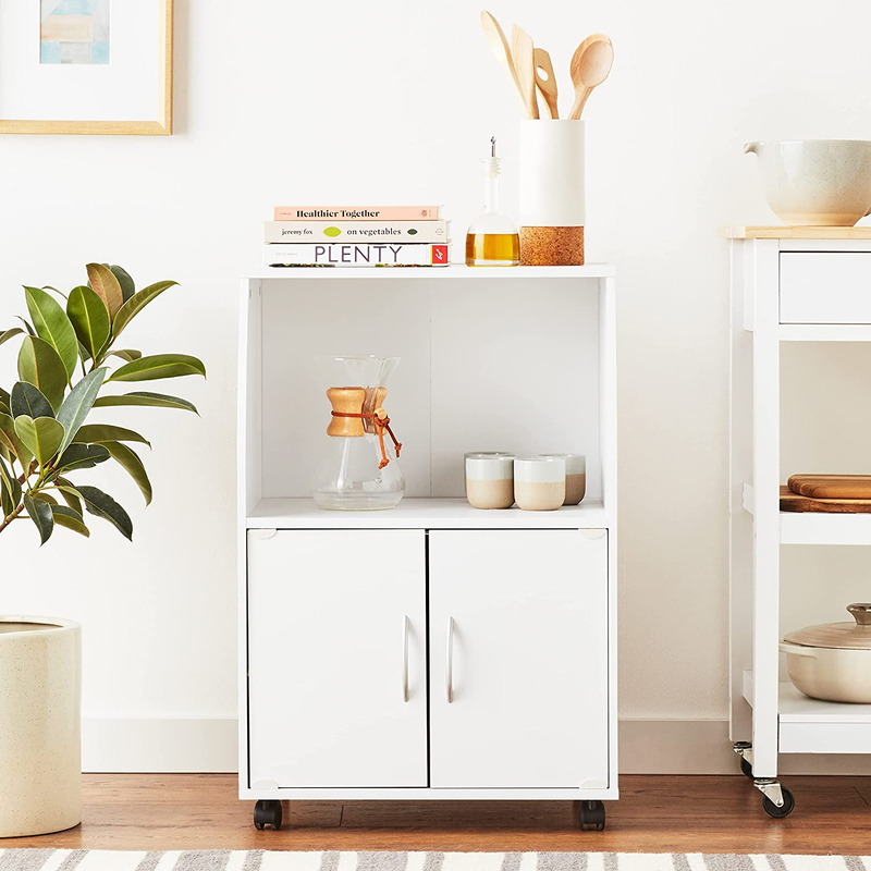 Hodedah Mini Microwave Cart with Two Doors and Shelf for Storage White + Beech