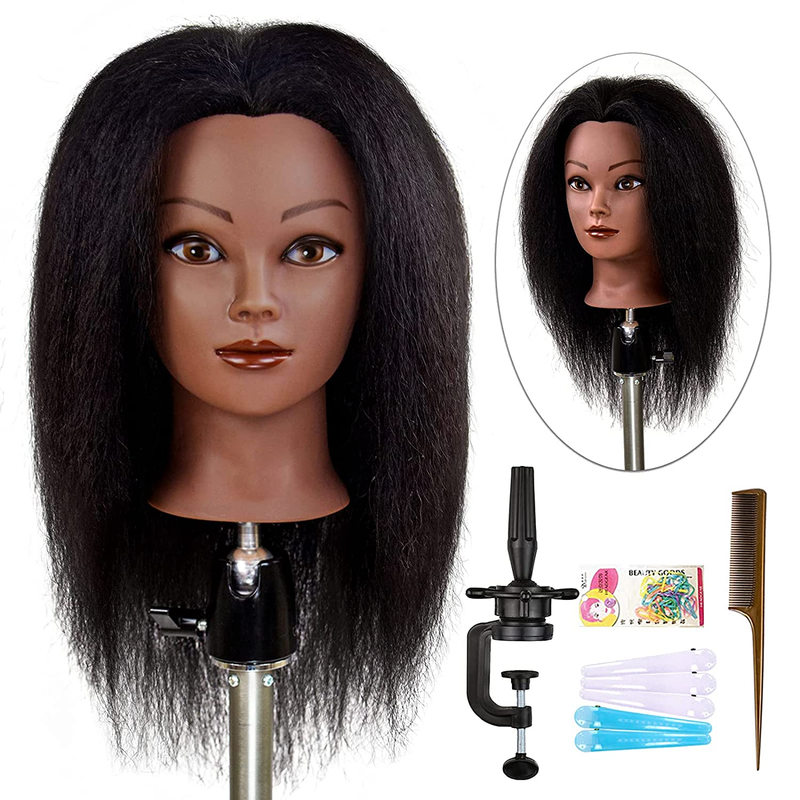 ISHOT Mannequin Head 100% Real Hair Doll Head Beauty School Hair Practice Head H