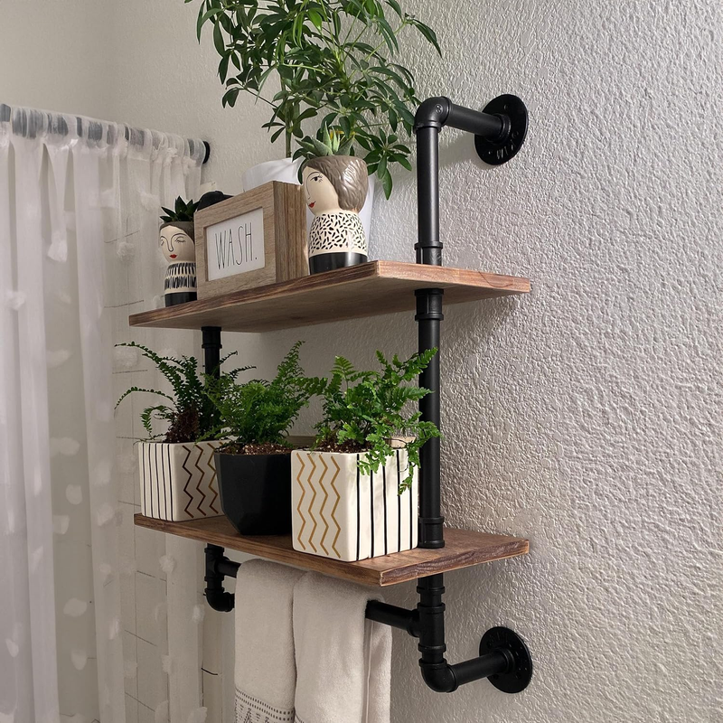 Pine Wood Floating Shelves Wall Shelves 24 Inch,Bathroom Pipe Shelves with Towel Rack, Industrial Wall Mounted Shelf for Bathroom Decor for Living Room Bedroom Kitchen Bathroom