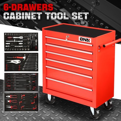 Шкаф для хранения комода на колесиках с тележкой для инструментов с 6 ящиками и ручными инструментами и ключами из 79 шт.