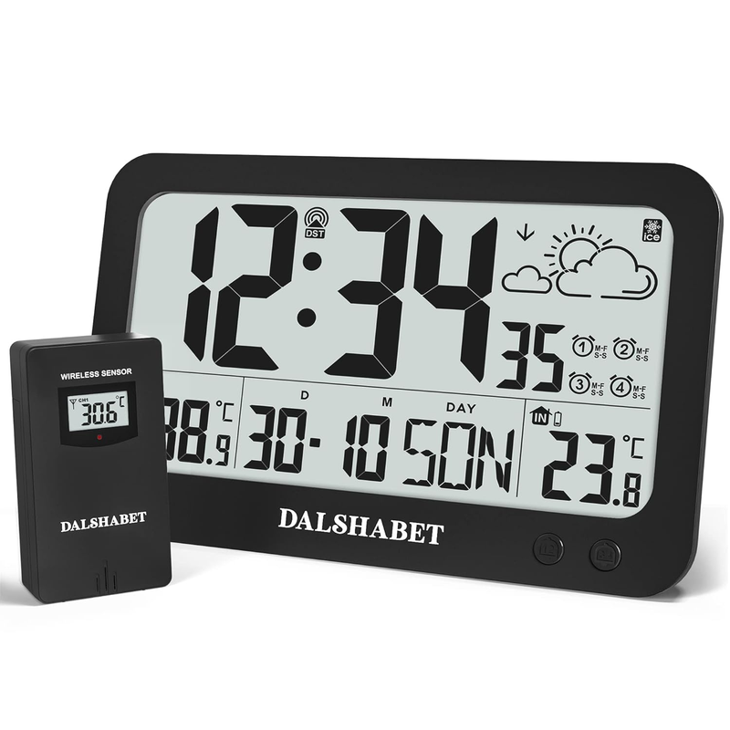 DALSHABET Atomic Clock with Indoor Outdoor Temperature, Digital Alarm Clock