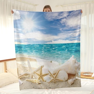 Ocean Beach Blanket Starfish Shell Throw Tropical Summer Blue 60''x80'', Beach2 