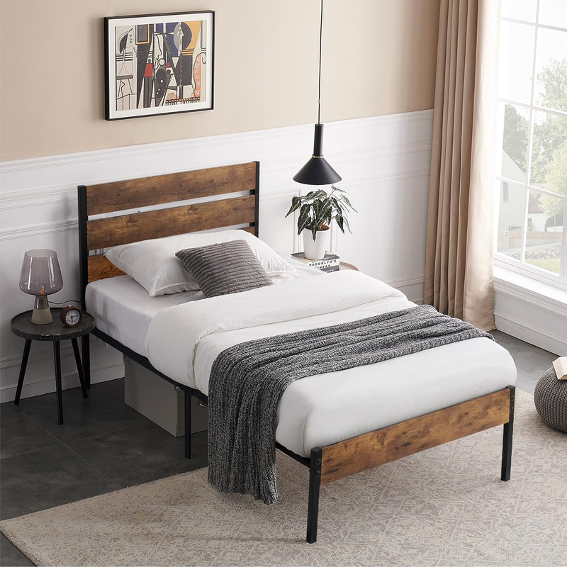 With Rustic Vintage Wood Headboard, Mattress Foundation,