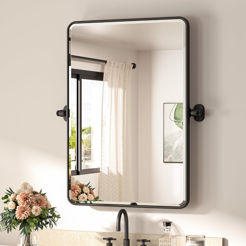 Pivot Mirror for Bathroom 20 X 30 Matte Black Tilt Rectangle Metal Framed Vanity Mirror, Modern Farmhouse Adjustable Tilting Beveled Rounded Corner Rectangular Wall Mirror, Horizontal/Vertical