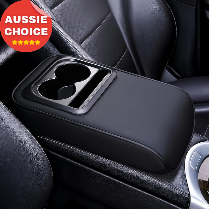 Universal Black PU Leather Car Armrest Cover Pad with Cup Holder for SUV Truck