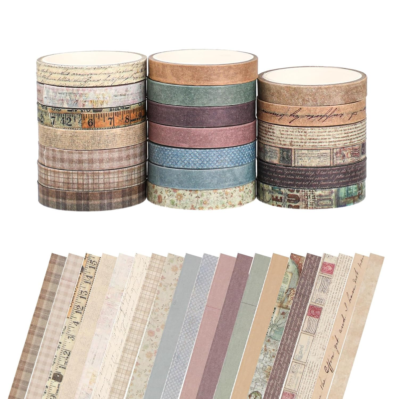 20 Rolls Vintage Washi Tape, 9.8Ft Long/Roll Neutral Washi Tapes Set, Adhesive M