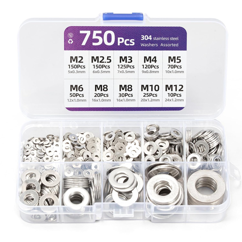 Washers for Screws, 750PCS Stainless Steel Washers, Metal Flat Washers, 9 Sizes