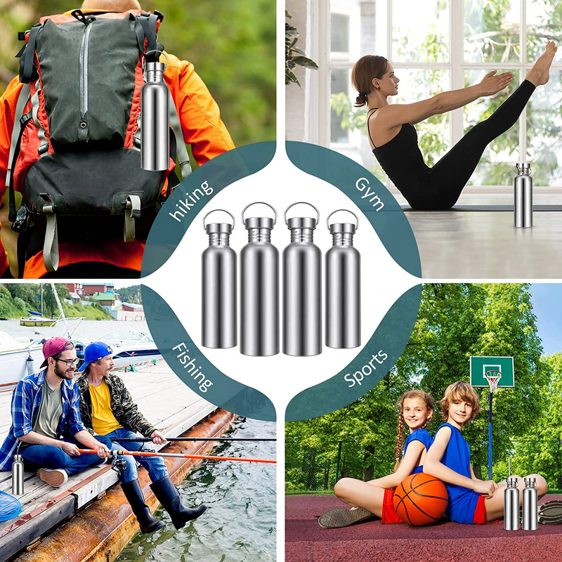 4 Pack Uninsulated Single Walled Stainless Steel Sports Water Bottle 304 18/8 St